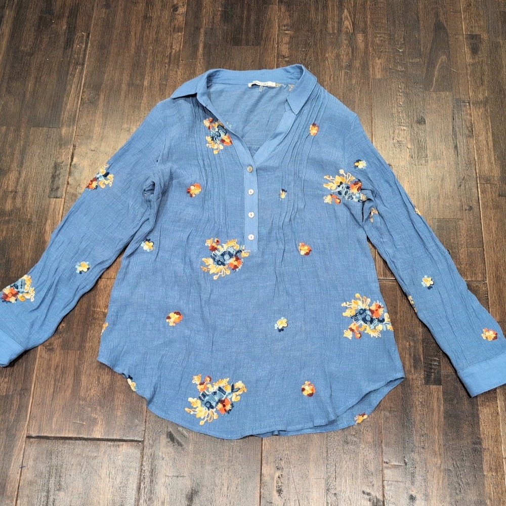Figueroa & Flower Anthropologie Blue Floral Embroidered Tunic Shirt Womens Large